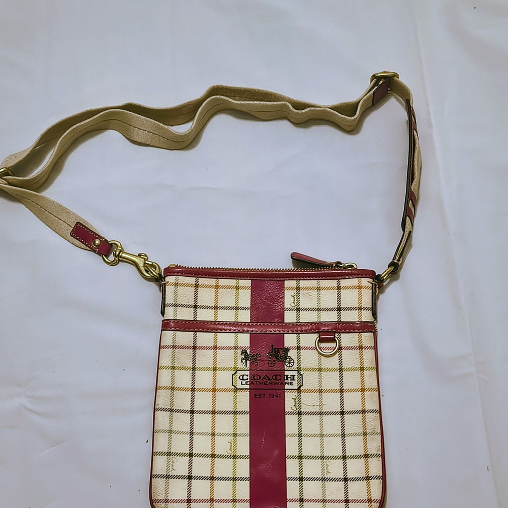 Coach Cream Plaid Crossbody with Pink Trim